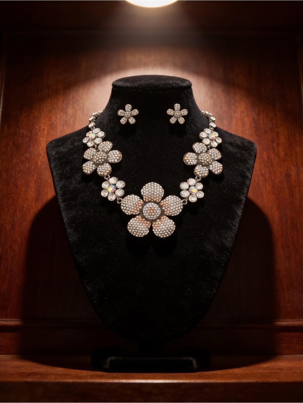 Gunmetal Floral Rhinestone Statement Necklace & Earring Set